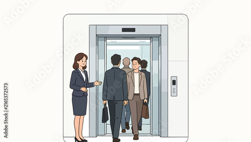 Professional Businesswoman Greeting Colleagues at Office Elevator Doorway