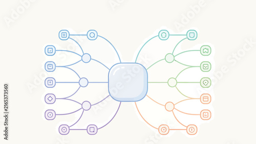 Pastel Mind Map Illustration with Color-Coded Branches and Abstract Icons for Brainstorming