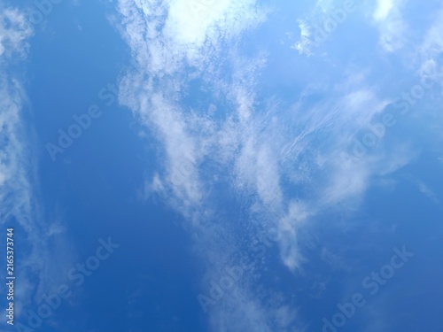Clear blue sky with scattered white clouds. Daytime weather background with wispy cloud formations. Copy space for text