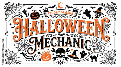 Halloween mechanic spooky season vector illustration with skull and wrench typography design