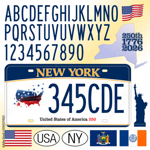 New York State car license plate, 250th anniversary, letters, numbers and symbols, USA, United States