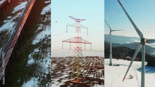 Collage showing solar panels, wind turbine and transmission lines in snowy winter at sunset. Concept of sustainable energy, climate friendly technology and energy transition.