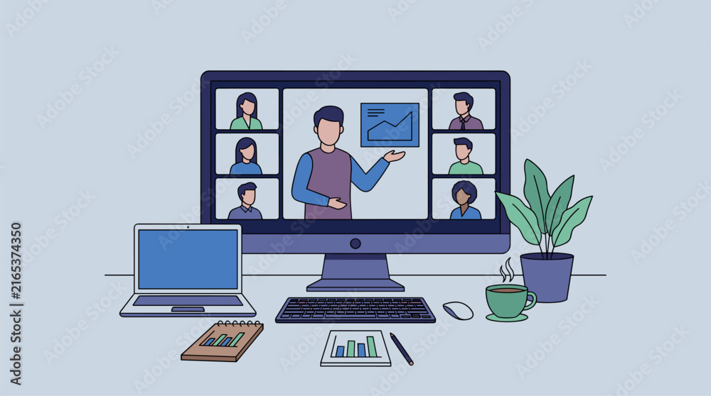 Fototapeta premium Flat design illustration of a remote team meeting on a computer screen, with a laptop, coffee, and plant on a desk.