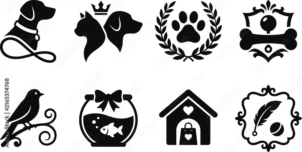 Fototapeta premium Pet shop and veterinary logo icons set featuring minimalist black silhouettes of dogs cats birds fish and boutique care symbols