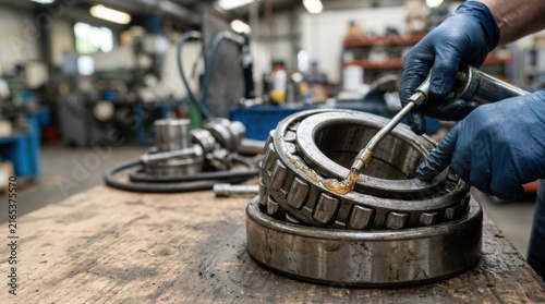 Mechanic applies grease to large metal bearing for maintenance in workshop
