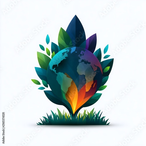 Planet earth globe with green leaves and flame illustrating climate change concept