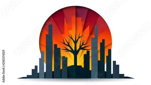 City skyline silhouette with dead tree and fiery sunset symbolizing climate change