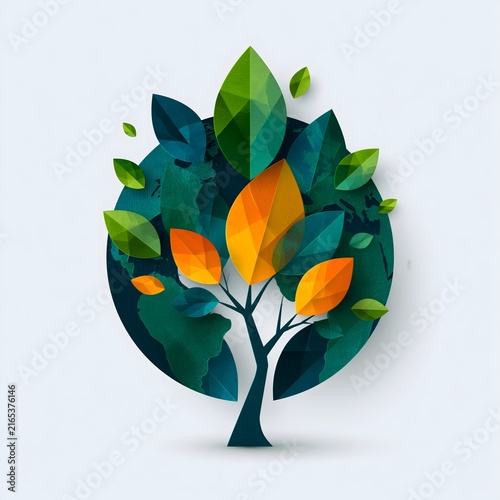 Paper cut tree growing from earth globe with colorful leaves