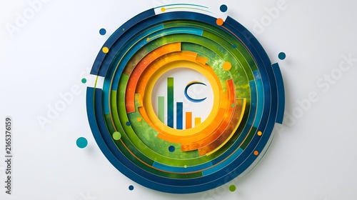 Paper cut circular data chart with bar graph and abstract swirl