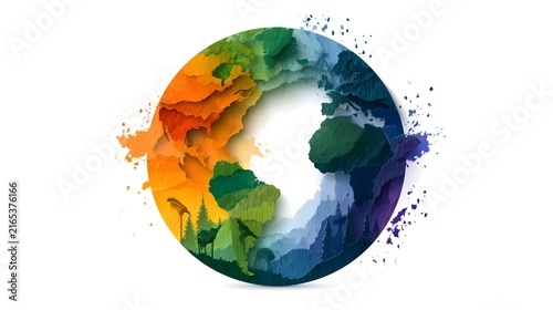 Watercolor earth globe with torn paper texture on white background