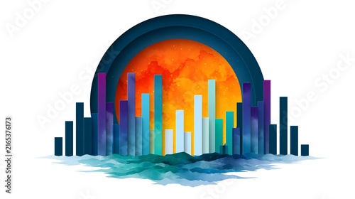 Paper cut city skyline bar chart with sunset sky background