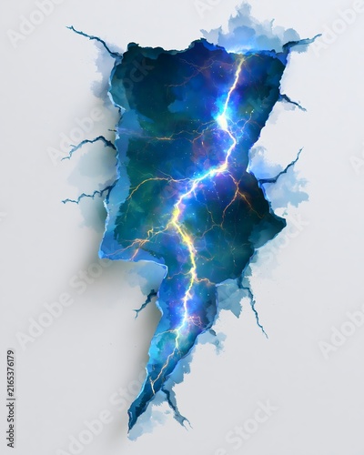 Torn paper wall revealing glowing lightning storm energy inside