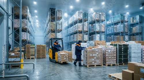 Workers Operating Forklift in a Cold Storage Warehouse with Tall Shelving