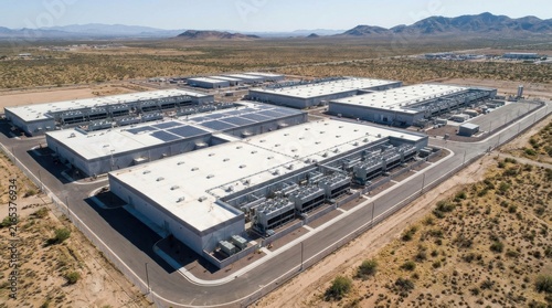 Aerial view of a large modern industrial warehouse complex in a desert landscape.