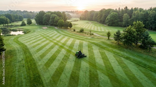 Aerial view of a green lawn mower cutting grass on a golf course at sunrise