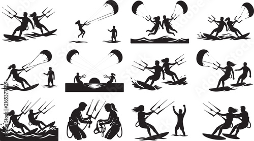 Set of black silhouettes featuring people kiteboarding and kitesurfing, showcasing extreme water sports and dynamic action on the waves