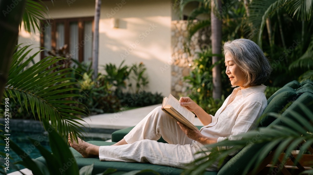 Fototapeta premium Tranquil Retreat: An elegant woman with silver hair relaxes by a serene pool, engrossed in a book amidst lush tropical foliage, embodying peace and refined leisure.
