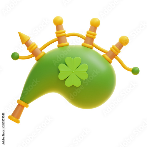 Konstfotografi 3D Rendered Green Lucky Pouch with Four Leaf Clover Symbol and Golden Ornaments