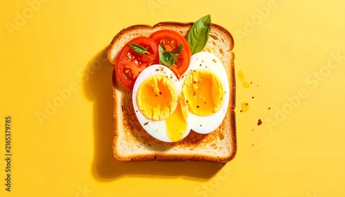 Toast sandwich with boiled eggs, tomato and basil on yellow background
