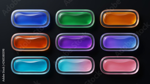 Colorful Glassmorphism Capsule Buttons and Badges Grid Set on Dark Background Top View