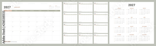 Calendar Planner 2027 in English language. Week start Sunday, corporate design planner template