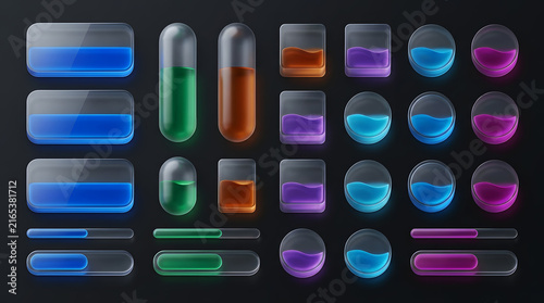 Glassmorphism UI Component Set with Liquid Progress Bars, Buttons, and Containers on Dark Background