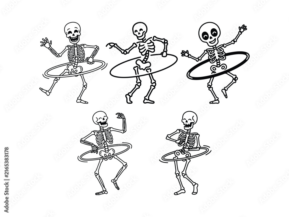 Fototapeta premium Skeleton characters playing with hula hoops for fun party invitations or halloween themed decorations