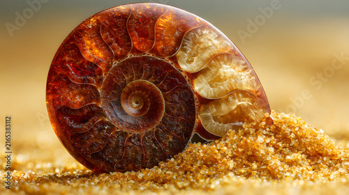 Macro shot of a fossilized ammonite shell resting on golden sand grains.