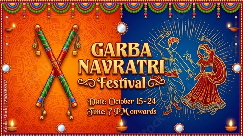 illustration of couple playing Dandiya in disco Garba Night banner poster for Navratri Dussehra festival of India