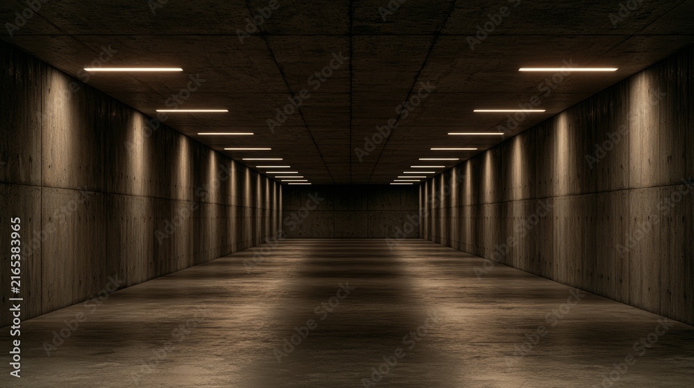 Naklejka premium Empty dark underground corridor with repeating lights