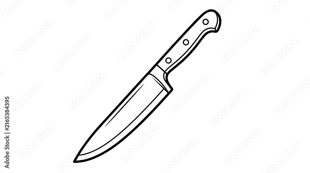 Obraz premium Outline illustration of a chef knife with a black handle and silver blade on a white background