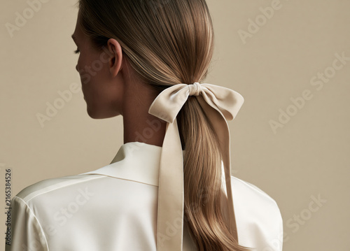 Rear view of woman with low ponytail tied with ivory ribbon bow and cream blouse on beige background.
