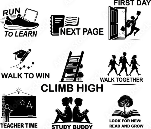 Back to school vector badges, education icons and student logos set