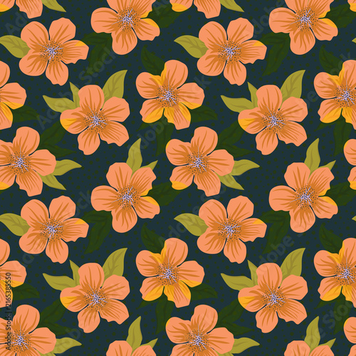Seamless floral pattern with peach flowers and green leaves on dark background, botanical illustration for textile and packaging.
