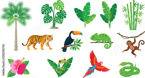 Set of hand drawn watercolor illustrations featuring tropical jungle animals plants and exotic flowers on white background
