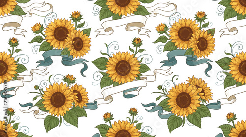 Seamless pattern of beautiful yellow sunflowers with green leaves and blue ribbons on a white background