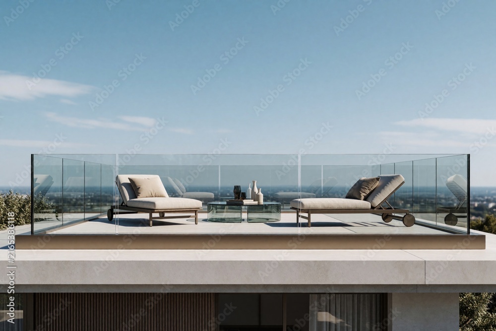 Fototapeta premium Modern rooftop terrace with glass railing and lounge chairs. Elegant furniture sits on patio with city view. Clear blue sky above outdoor seating area.