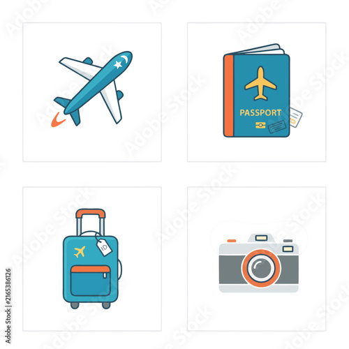 Travel Icon Set Featuring Airplane, Suitcase, Passport, Map, Camera, Compass, and Other Vacation Symbols Isolated on White Background