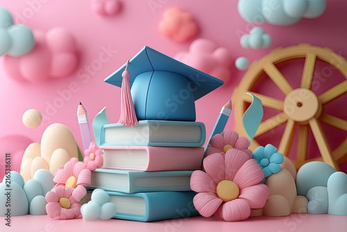 3D Rendering of Whimsical Graduation Scene with Books and Flowers