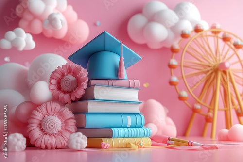Clay-Style 3D Illustration with Books, Flowers, and Colorful Ribbons