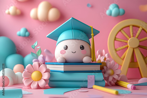 Cute Cartoon Clay-Style Graduation Cap on Books with Ribbons