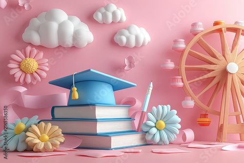 Pastel-Themed 3D Scene Featuring Graduation Cap and Ferris Wheel