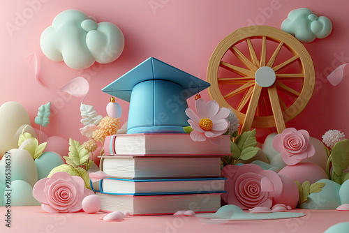Clay-Style 3D Illustration with Books, Flowers, and Colorful Ribbons
