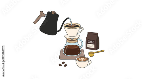 Vector art of coffee, minimalist flat design, clean lines, professional graphic illustration style, white background