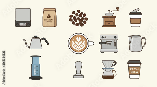A collection of coffee-themed vector icons, flat design style, including a coffee cup, beans, and an espresso machine, clean and modern
