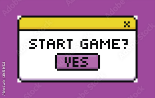 Retro Pixelated Game Start Prompt: A vintage-style pixelated dialog box displays the question START GAME? with a YES button, evoking nostalgia for classic video games.