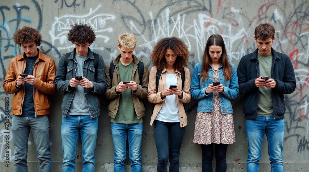 Fototapeta premium Six young people stand shoulder to shoulder against a graffiti covered concrete wall, each looking down at a smartphone screen in a quiet urban street scene.