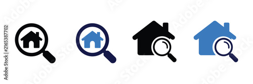 Home search icon set, magnifying glass with house symbols, property search, real estate, rental housing, home inspection, vector collection