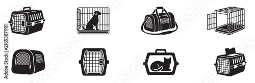Pet carrier and cage icon set. Dog wire crate, cat transport bag, travel kennel, animal basket and container. Vector illustration.