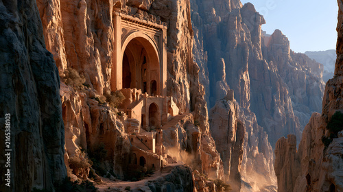 Ancient stone temple carved into a steep mountain cliff face at sunset.